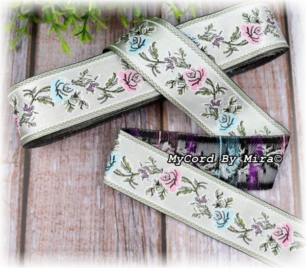 Webband Rosen rosa - blau - 33 mm  NO 268